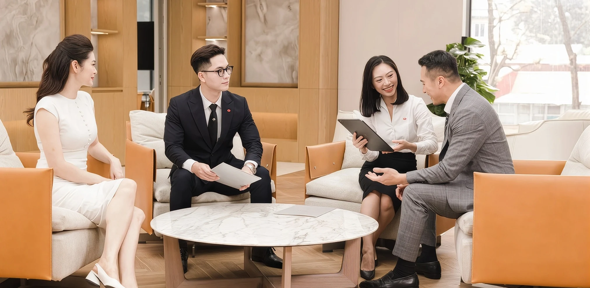 Wealth advisers discussing investment strategy with clients in a lounge